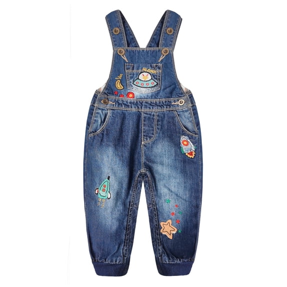 KIDSCOOL SPACE Baby Boys Easy Diaper Changing Snap Legs Rockets Embroidered Denim Overalls,Blue,18-24 Months