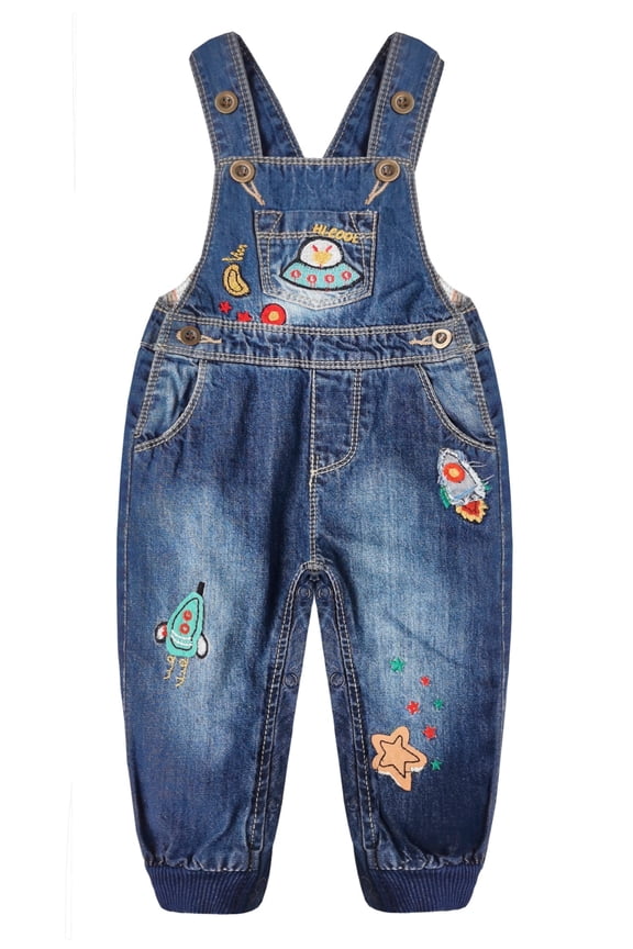 Baby Boys Easy Diaper Changing Snap Legs Rockets Embroidered Denim Overalls,Blue,2-3 Years