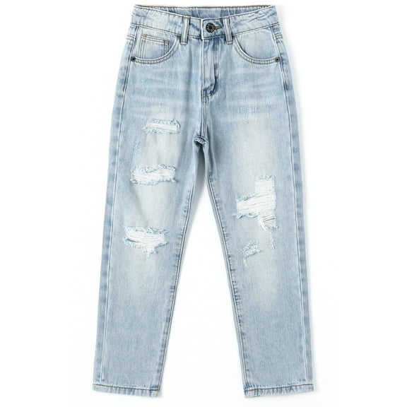 KIDSCOOL SPACE Baby Boys Jeans,Elastic Band Inside Ripped Washed Soft Cotton Denim Pants,Light Blue,8-9 Years
