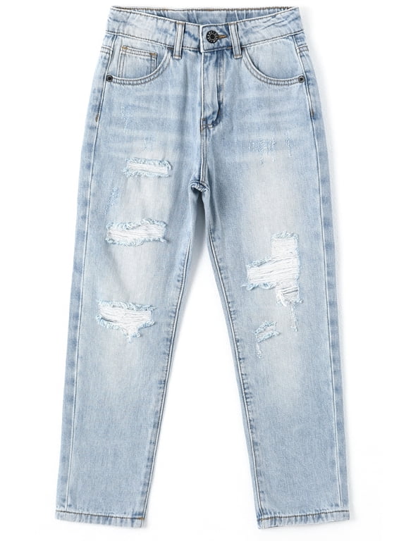 Baby Boys Jeans,Elastic Band Inside Ripped Washed Soft Cotton Denim Pants,Light Blue,10-11 Years