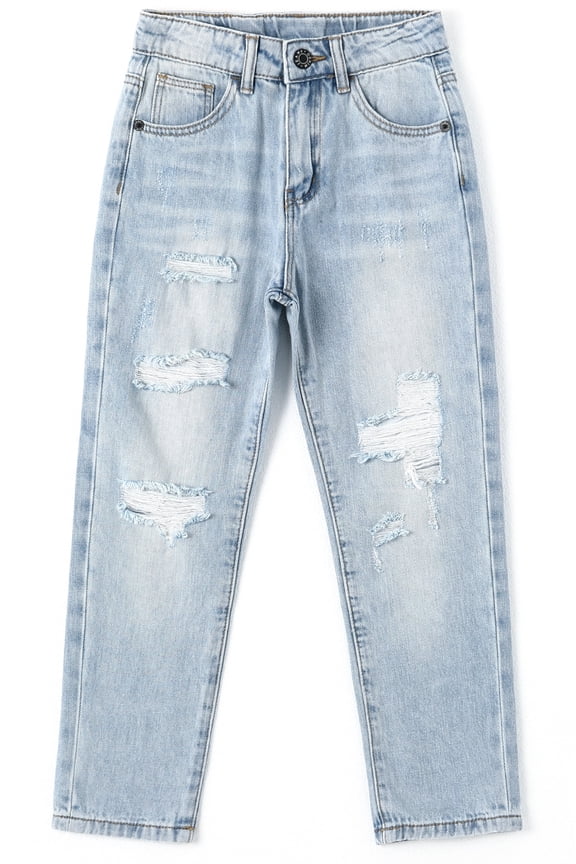 Baby Boys Jeans,Elastic Band Inside Ripped Washed Soft Cotton Denim Pants,Light Blue,10-11 Years