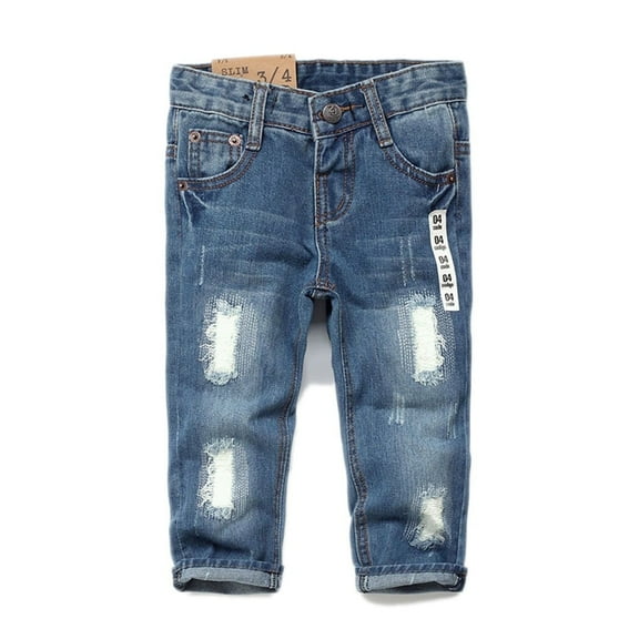KIDSCOOL SPACE Baby Boys Little Kid Elastic Ripped Jean StoneWashed Pants,Blue,6-7 Years