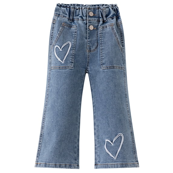 KIDSCOOL SPACE Toddler Girls Wide Leg Jeans, 2-7 T Heart Embroidery Elastic Waist Flare Denim Pants, Light Blue,2-3 Years