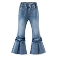 thumbnail image 1 of KIDSCOOL SPACE Little Girls Frayed Hem Jeans, 2-7T Toddler Fashion Bow-Knot Decorated Flare Denim Pants, Light Blue,18-24 Months, 1 of 6