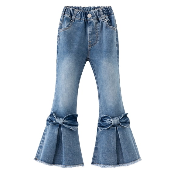 KIDSCOOL SPACE Little Girls Frayed Hem Jeans, 2-7T Toddler Fashion Bow-Knot Decorated Flare Denim Pants, Light Blue,18-24 Months