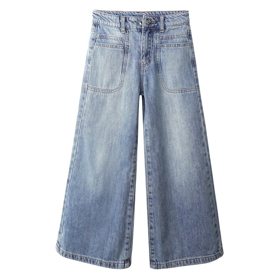 KIDSCOOL SPACE Big Girls Slim Jeans, 12M-14T Wide Size Range Wide-leg Palazzo Denim Pants,Light Blue,13-14 Years