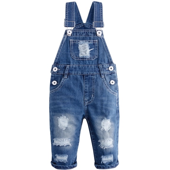 KIDSCOOL Toddler Baby Denim Overalls Ripped Distressed Jean Bib Romper,6-12 Months