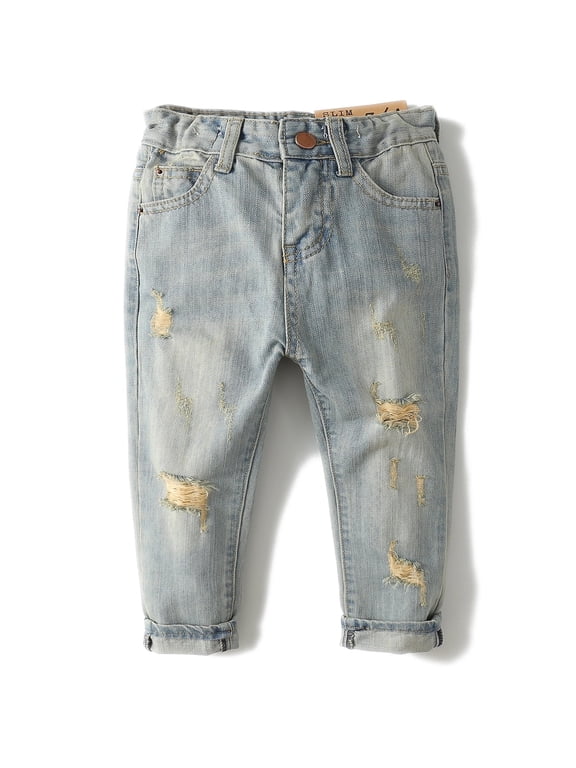 Baby Girl Boy Elastic Band Inside Ripped Denim Pants,3-4 Years