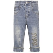 KIDSCOOL SPACE Baby Girl Boy Elastic Band Inside Ripped Denim Pants,6-12 Months