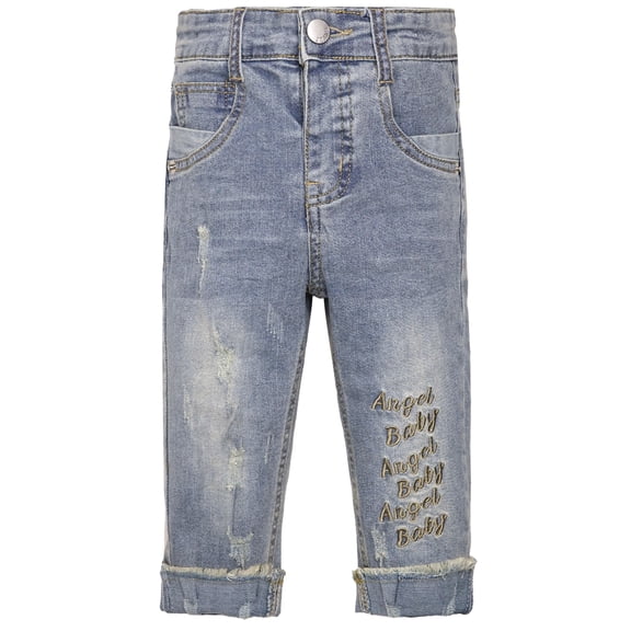 KIDSCOOL SPACE Baby Girl Boy Elastic Band Inside Ripped Denim Pants,7-8 Years