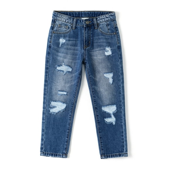 KIDSCOOL SPACE Baby Girl Boy Jeans,Little Kid Elastic Band Inside Ripped Denim Jeans Pants,Blue,18-24 Months