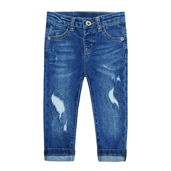 KIDSCOOL SPACE Baby Girl Boy Jeans,Little Kid Elastic Band Inside Ripped Denim Jeans Pants,Blue,3-4 Years