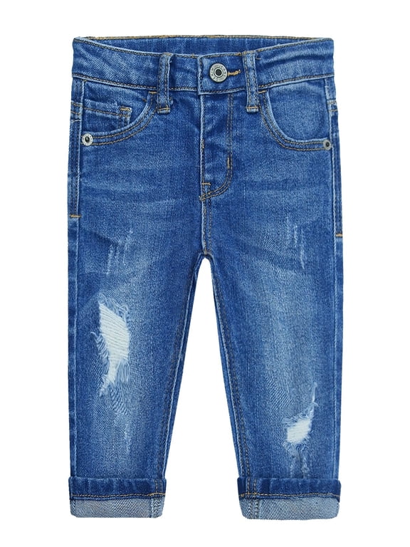 Baby Girl Boy Jeans,Little Kid Elastic Band Inside Ripped Denim Jeans Pants,Light Blue,9-12 Months