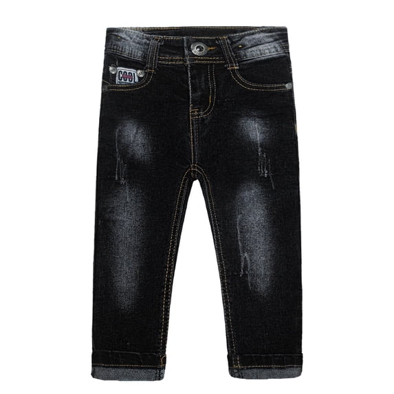 KIDSCOOL SPACE Baby Girl Boy Jeans,Little Kid Elastic Band Inside Ripped,Embroidered decor Denim Pants,Black,18-24 Months