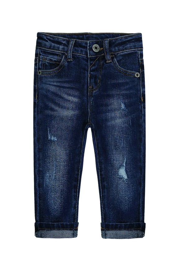 Baby Girl Boy Jeans,Little Kid Elastic Band Inside Ripped Red Embroidered Denim Jeans Pants,Deep Blue,18-24 Months