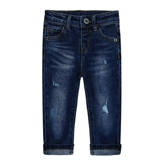 KIDSCOOL SPACE Baby Girl Boy Jeans,Little Kid Elastic Band Inside Ripped Red Embroidered Denim Jeans Pants,Deep Blue,6-9 Months