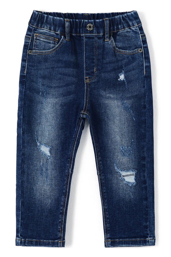 Baby Girl Boy Jeans,Little Kid Elastic Band Ripped Fold Decor Denim Pants,Deep Blue,18-24 Months