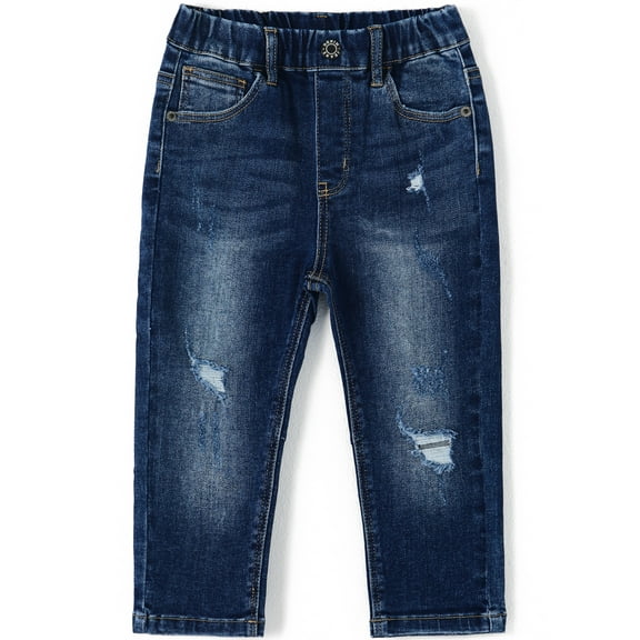 KIDSCOOL SPACE Baby Girl Boy Jeans,Little Kid Elastic Band Ripped Fold Decor Denim Pants,Deep Blue,3-4 Years