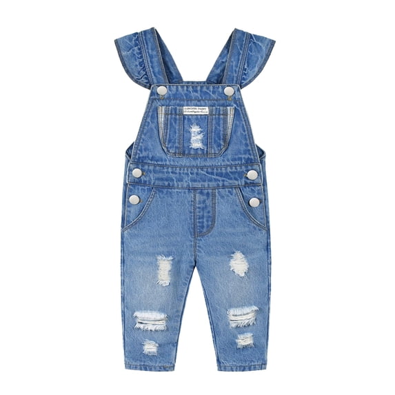 KIDSCOOL Toddler Baby Denim Overalls Ripped Distressed Jean Bib Romper, 12-18 Months