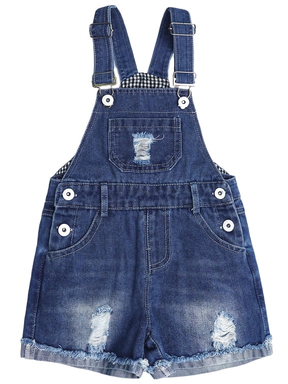 KIDSCOOL Girls Denim Jeans Shortalls Jumpsuit Ripped Raw Hem Overall Shorts,Blue,3-4 Years