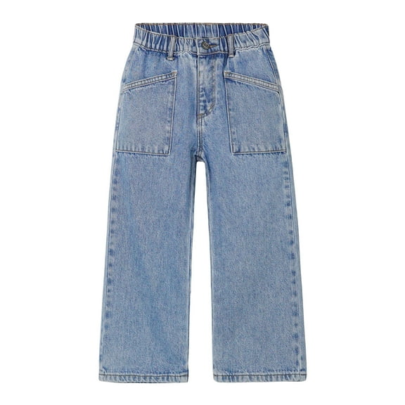 KIDSCOOL SPACE Baby Girls Boys Jeans, 12M-5T Little Kids Ribbed Waist With D-rings Denim Pants,Light Blue,2-3 Years