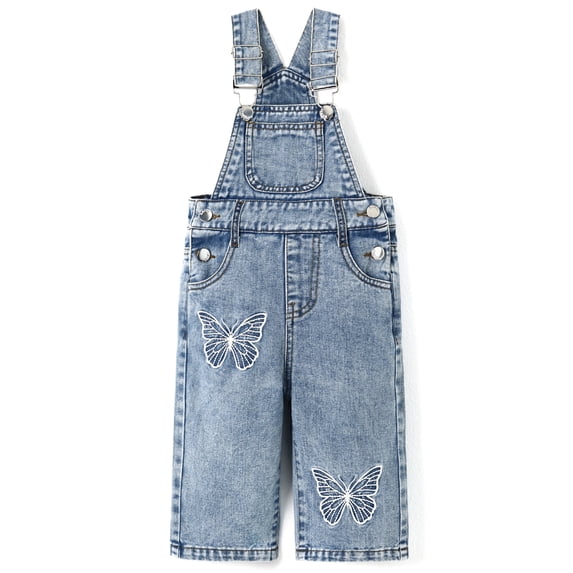 KIDSCOOL Girls Butterfly Embroidered Denim Overalls Wide Leg Jean Jumpsuit, Light Blue,6-7 Years