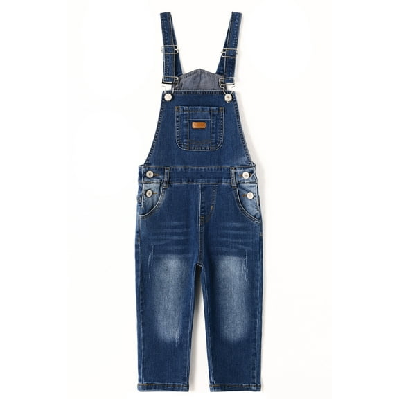 KIDSCOOL SPACE Baby Girls Denim Overalls,Toddler Boys Adjustable Ripped Fashion Jeans Workwear,Deep Blue,18-24 Months