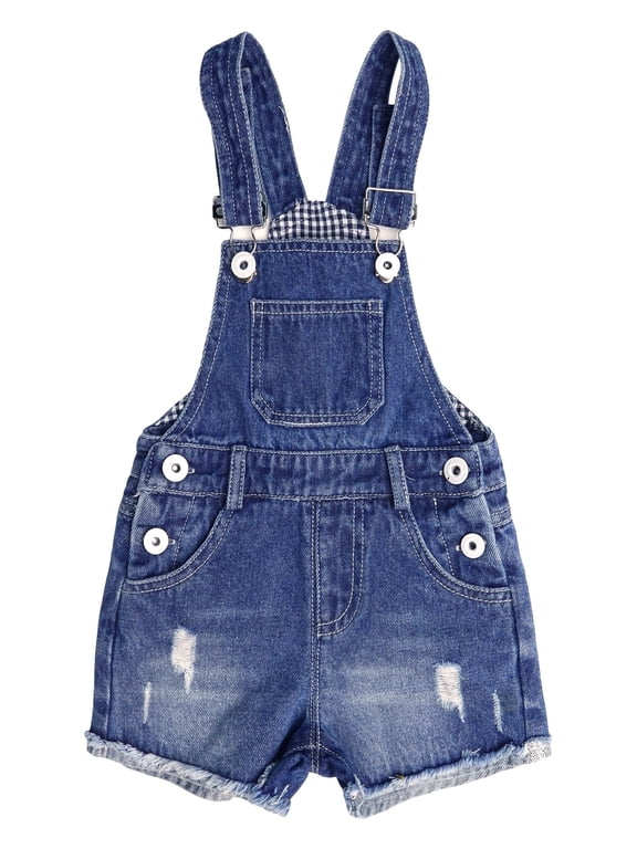 KIDSCOOL Girls Jeans Shortalls Jumpsuit 18M-5T Ripped Denim Overalls Shorts,Blue,3-4 Years