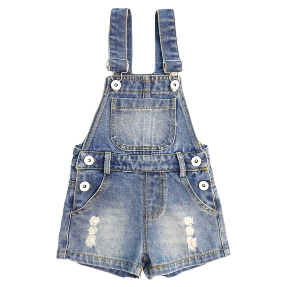 KIDSCOOL Girls Jeans Shortalls Jumpsuit 18M-5T Ripped Denim Overalls Shorts,Light Blue,4-5 Years