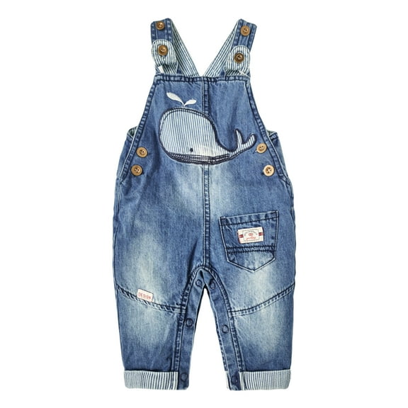 KIDSCOOL SPACE Baby Girls Easy Diaper Changing Snap Legs Whale Embroidered Denim Overalls,Blue,2-3 Years