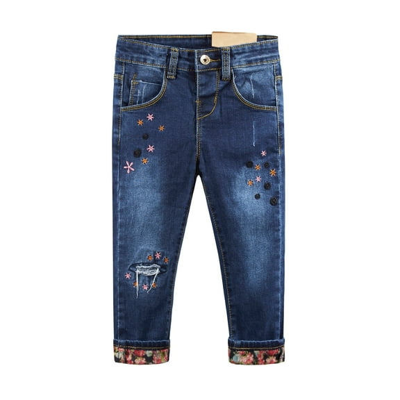 KIDSCOOL SPACE Baby Girls Jeans, Colorful Stars Embroidered Slim Ripped Fashion Denim Pants,Blue,2-3 Years