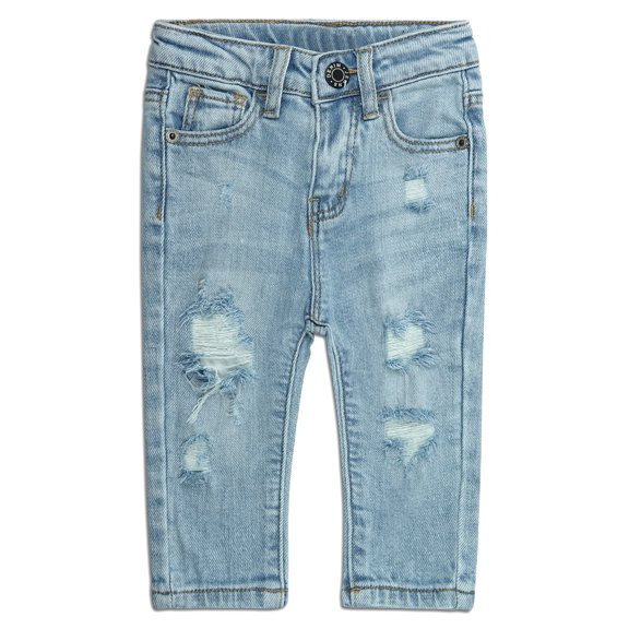 KIDSCOOL SPACE Baby Girls Jeans,Elastic Band Inside Ripped Washed Soft Summer Thin Cotton Slim Denim Pants,3-4 Years
