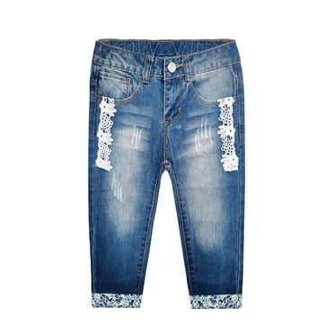 KIDSCOOL SPACE Baby Girls Jeans, Lace Patchwork Cuffed Bottom Ripped Denim Pants,Blue,12-18 Months
