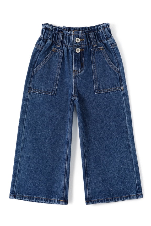 Baby Girls Jeans,Toddler Elastic Waist with D-ring Slant Pockets Wide-leg Denim Pants,Blue,2-3 Years
