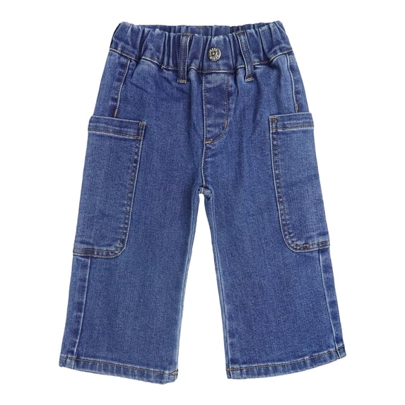 KIDSCOOL Baby Boys Girls Denim Pants Wide Leg Utility Pockets Cargo Jeans,Mid Blue,18-24 Months