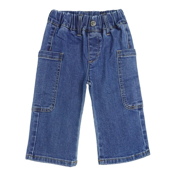 KIDSCOOL SPACE Baby Girls Wide-leg Cargo Jeans,Toddler Boy Elastic Waist with D-ring Loops Stretch Denim Pants,Mid Blue,18-24 Months