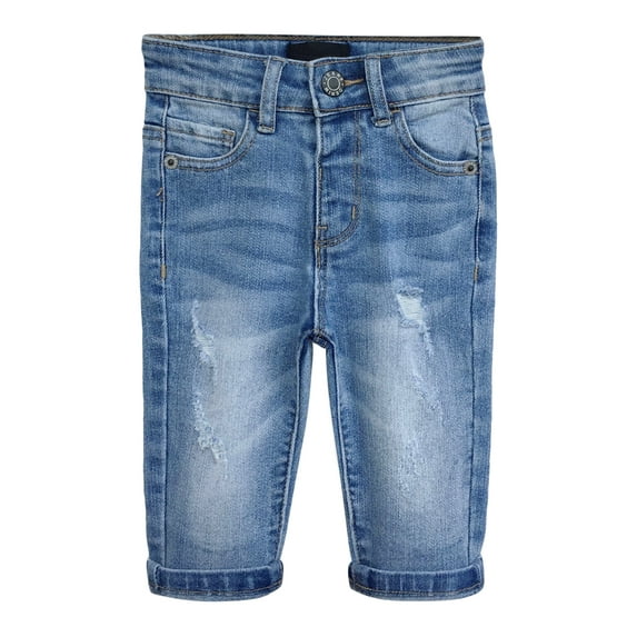 KIDSCOOL SPACE Baby Jeans,Little Toddler Elastic Band Inside with D-ring Vertical Distressed Holes Vintage Creasing Stretch Denim Pants,Light Blue,6-9 Months