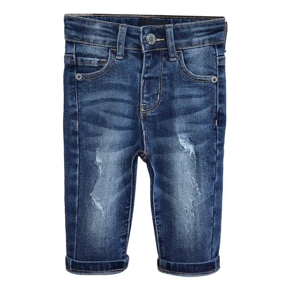 KIDSCOOL SPACE Baby Jeans,Little Toddler Elastic Band Inside with D-ring Vertical Distressed Holes Vintage Creasing Stretch Denim Pants,Mid Blue,18-24 Months