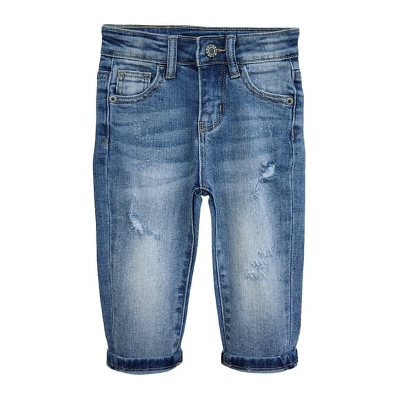 KIDSCOOL SPACE Baby Jeans,Little Toddler Elastic Band Inside with D-ring Distressed Vintage Creasing Stretch Denim Pants,Light Blue,18-24 Months