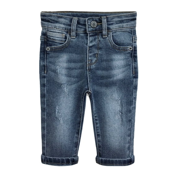 KIDSCOOL SPACE Baby Jeans,Little Toddler Elastic Band Inside with D-ring Distressed Vintage Creasing Stretch Denim Pants,Light Blue,6-9 Months