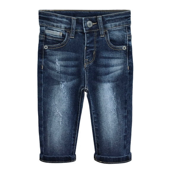KIDSCOOL SPACE Baby Jeans,Little Toddler Elastic Band Inside with D-ring Distressed Vintage Creasing Stretch Denim Pants,Mid Blue,12-18 Months