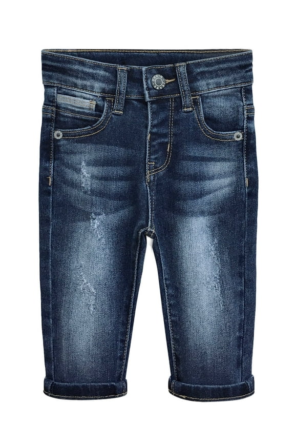 Baby Jeans,Little Toddler Elastic Band Inside with D-ring Distressed Vintage Creasing Stretch Denim Pants,Mid Blue,12-18 Months