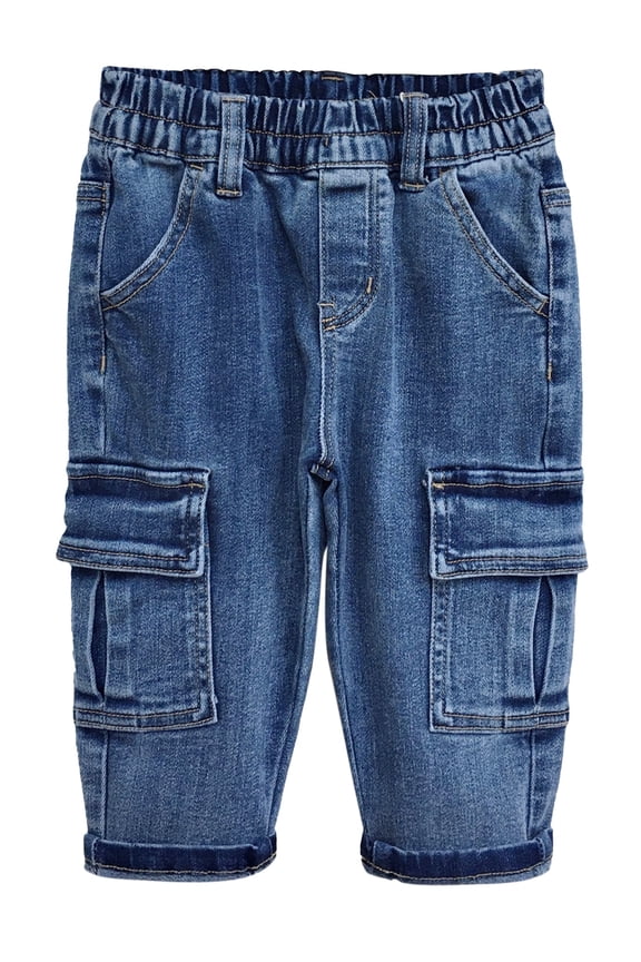 Baby Jeans,Little Toddler Kids Elastic Waist with D-ring Stretch Cargo Denim Pants,Mid Blue,12-18 Months