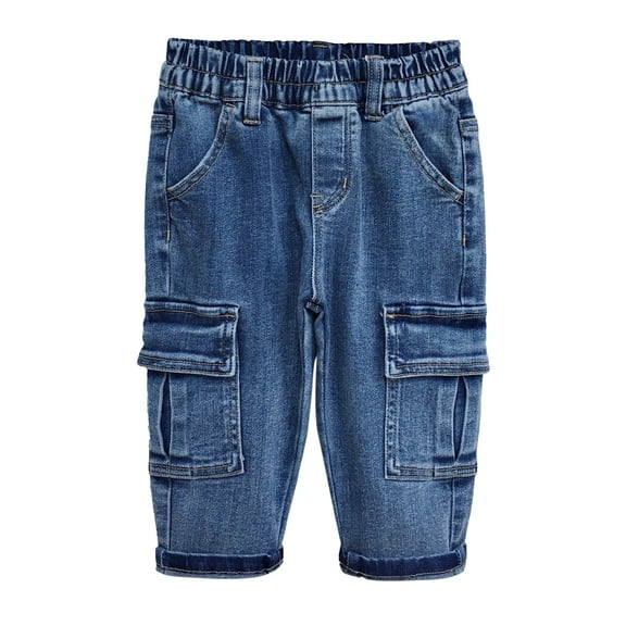 KIDSCOOL SPACE Baby Jeans,Little Toddler Kids Elastic Waist with D-ring Stretch Cargo Denim Pants,Mid Blue,9-12 Months