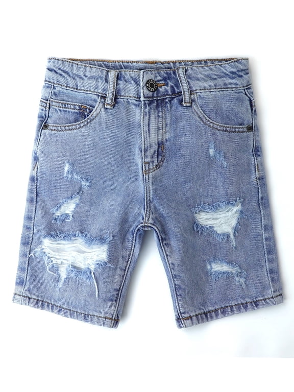 Baby Little Big Boys Denim Shorts,Elastic Waistband Inside Ripped Holes Jeans Summer Wear, Light Blue,11-12 Years