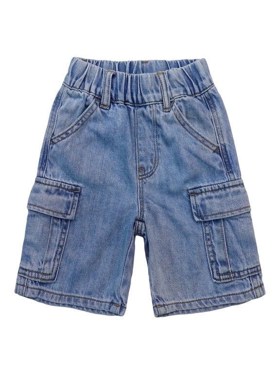 KIDSCOOL Boys Girls Cargo Denim Half Pants Ribbed Elastic Jeans Shorts, Light Blue,9-10 Years
