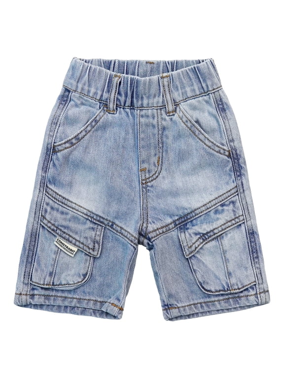 KIDSCOOL Boys Girls Elastic Denim Half Pants Ribbed Cargo Jeans Shorts, Light Blue,7-8 Years
