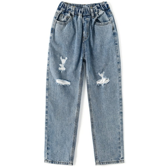 KIDSCOOL SPACE Baby Little Big Girls Jeans,Elastic Waist Ripped Holes Soft Strech Denim Pants,4-5 Years