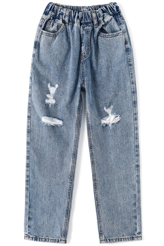 Baby Little Big Girls Jeans,Elastic Waist Ripped Holes Soft Strech Denim Pants,4-5 Years