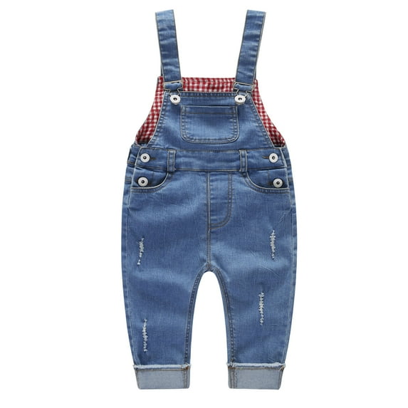 KIDSCOOL SPACE Baby Little Boys Girls Denim Overalls,Cute Plaid Lining Jean Workwear,Light Blue,12-18 Months